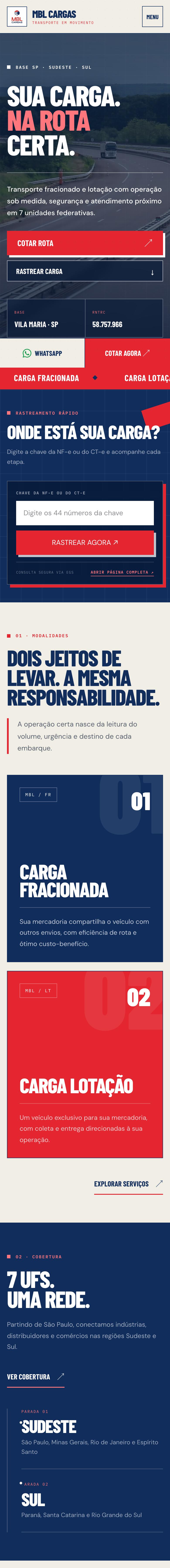 Página inicial do site da MBL Cargas no celular