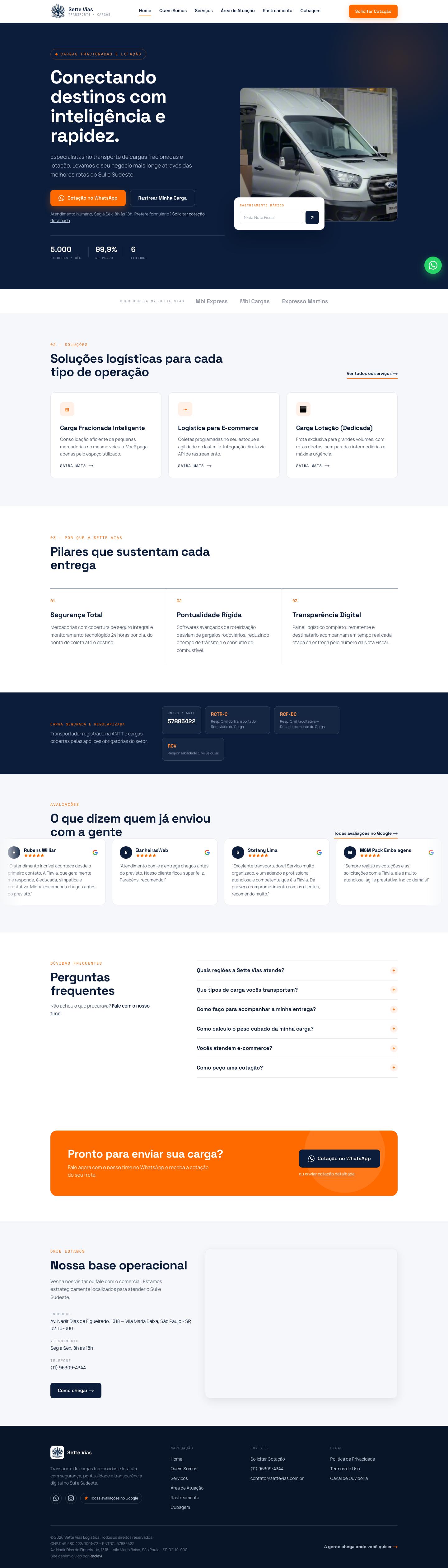 Página inicial do site da Sette Vias no computador
