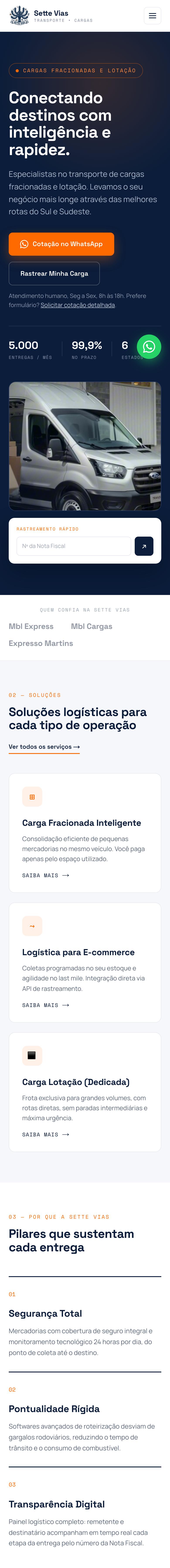 Página inicial do site da Sette Vias no celular